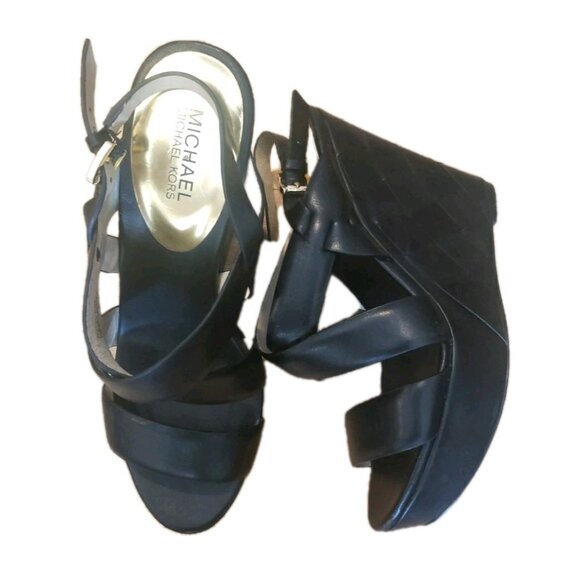 Michaell Kors Shoes Sandals Black Wedge Platform 10 Leather Strappy - Picture 1 of 13